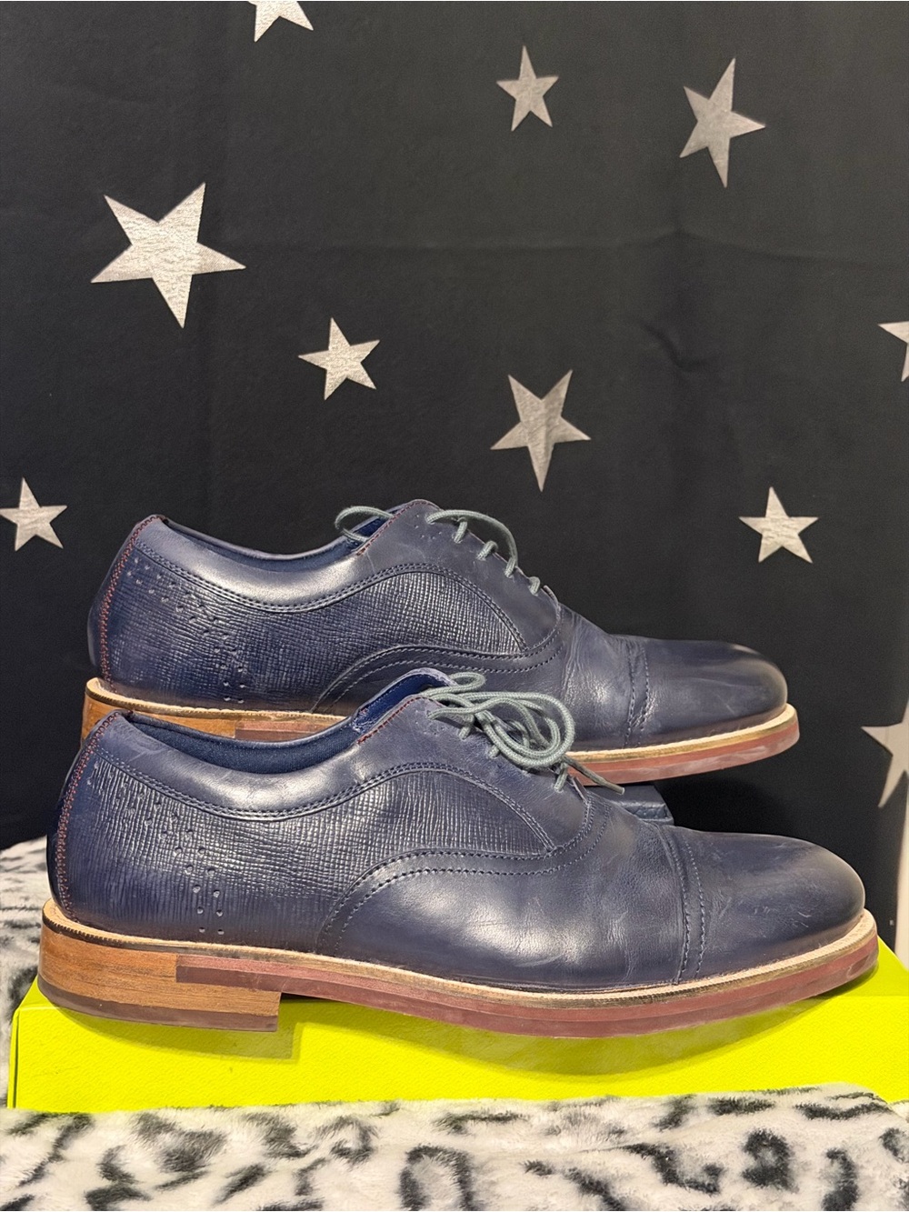 Ted Baker London Navy Leather Cap-Toe Derby with Textured Panels
